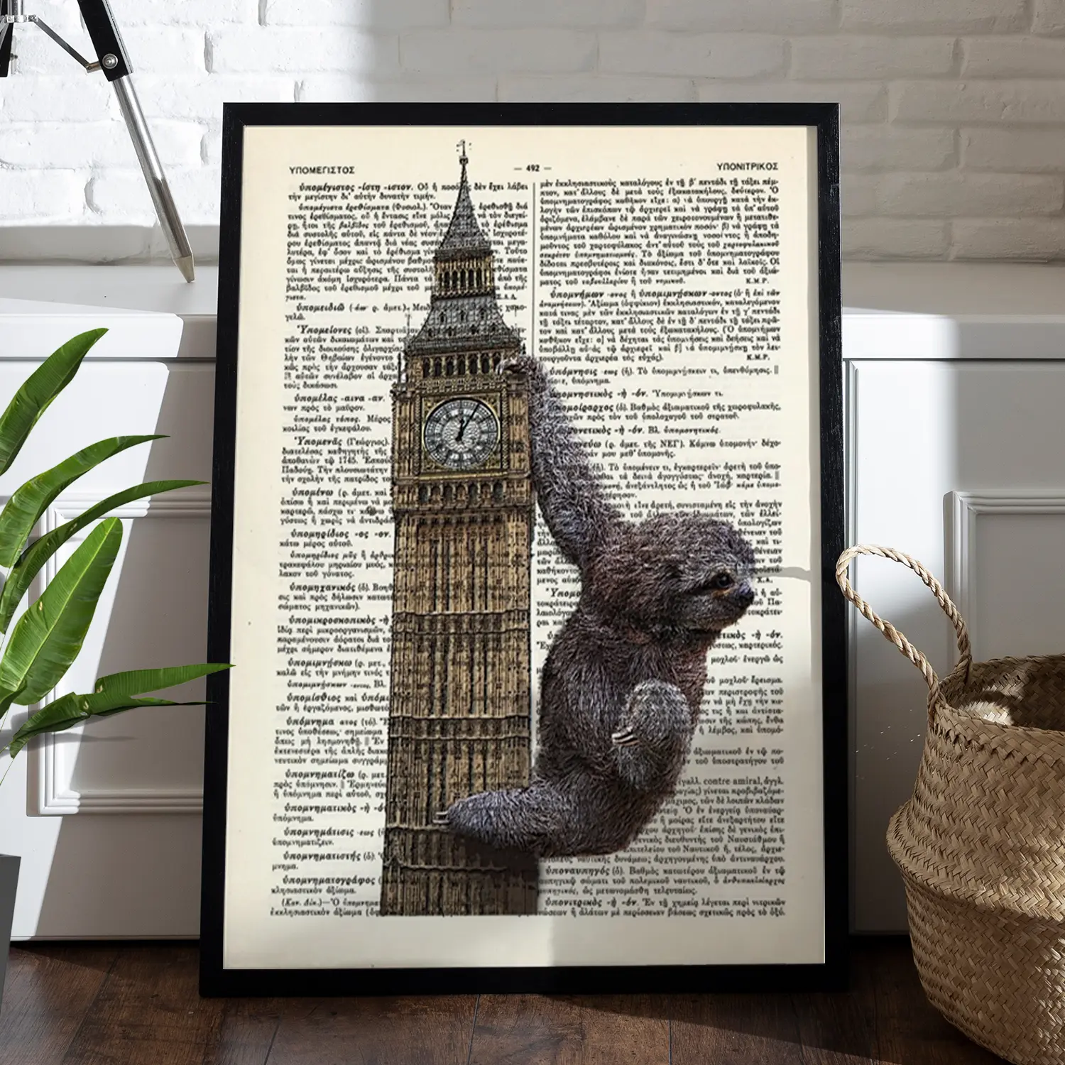 JamaineVintage Sloth Taking Over Big Ben Dictionary Art Print Cute Sloths Print Wall Art Room Decor Vintage Poster