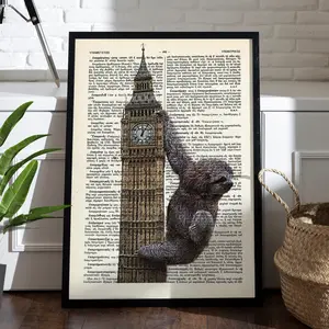 JamaineVintage Sloth Taking Over Big Ben Dictionary Art Print Cute Sloths Print Wall Art Room Decor Vintage Poster