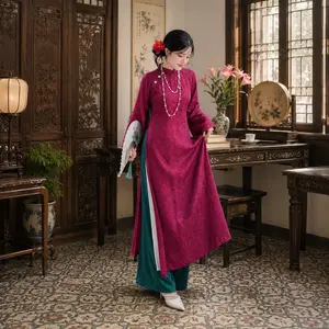 Magenta Silk Ao Dai Dress, Dark Green Pants Traditional Asian Gown, Floral Brocade Maxi Tunic, Wedding Guest Attire, Tea Ceremony Outfit