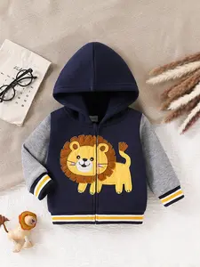 Cute Cartoon 3D Lion Embroidered Colorblock Hooded Zipper Fleece Jacket, Winter Warm Baseball Windbreaker Sweatshirt Coat