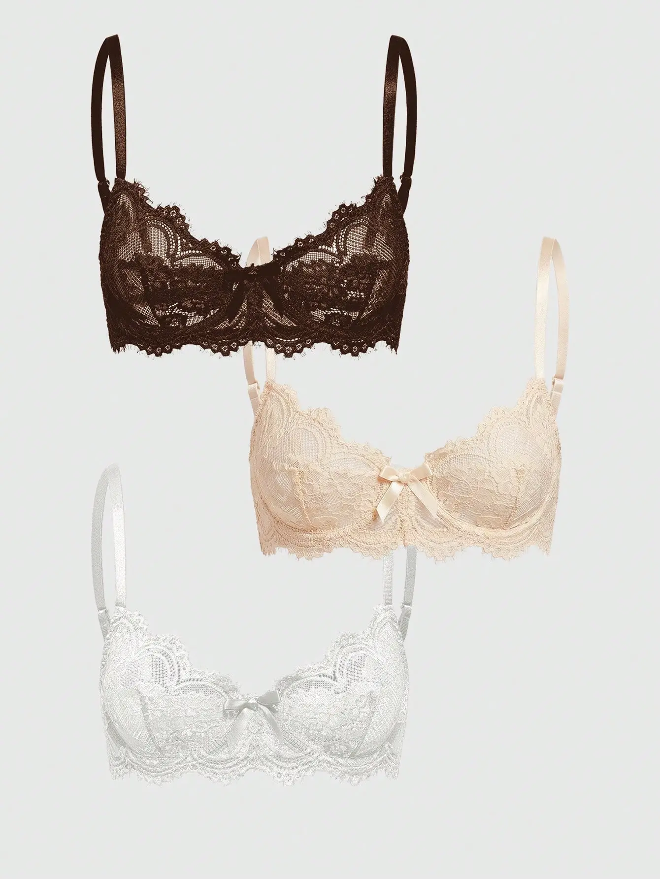 LOVEIU Lace Trim Wire-Free Bralette 3pcs Set Comfort Bralette Set Adjustable Strap Intimates Lingerie Sleepwear Loungewear