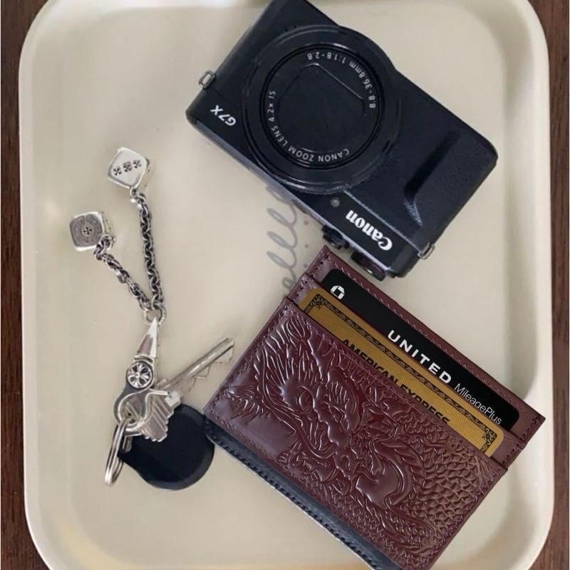 Ryuu Maroon Genuine Leather Card Holder with Embossed Japanese Dragon Design 4 Card Slots 1 Cash Slot Trifold Wallet Solid Color RFID Anti-Theft