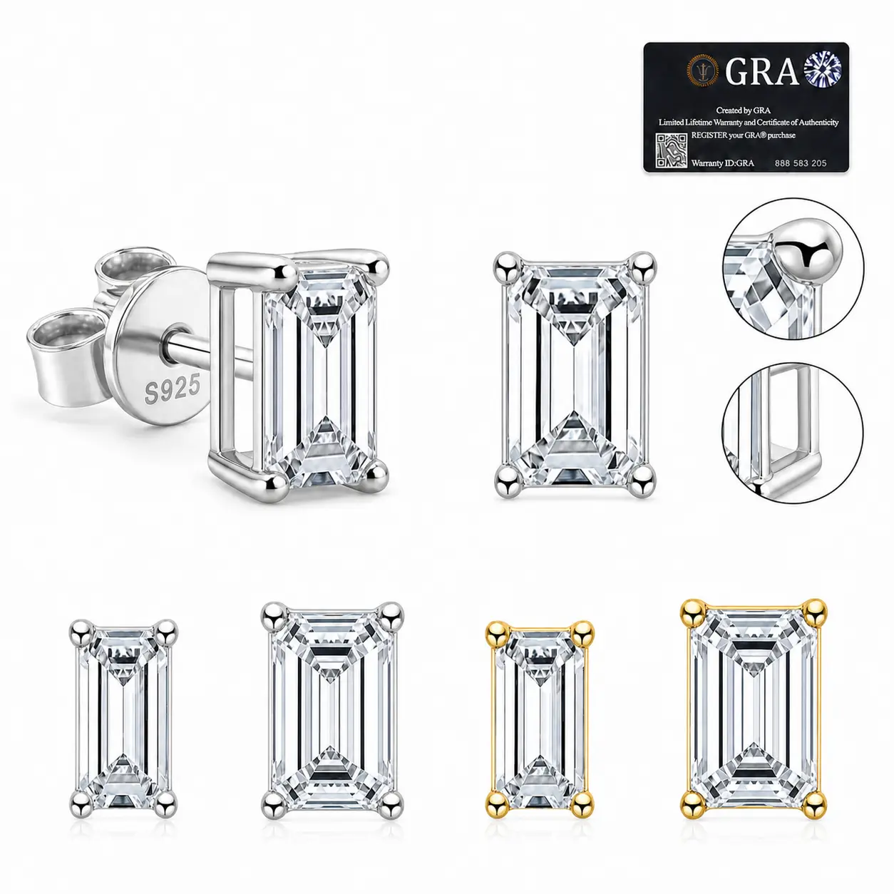 Emerald Cut Four Prong Moissanite Stud Earrings, Butterfly Back VVS Lab-Created Gem, S925 Sterling Silver 2 Sizes Two Tone Available Valentines Day Birthday Mother's Day Christmas Gift for Women