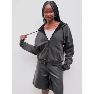 Cider [size 2-26] Terry Solid Washed Beaded Drawstring Pocket Zipper Hoodie