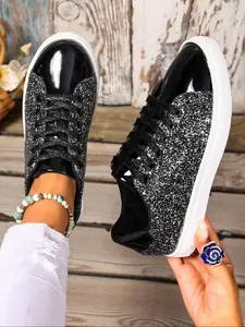 Street Style Silver Color Sequins Low Top Sneakers, Cool Shoe Laces Design, Trendy Casual Shoes for Men & Women