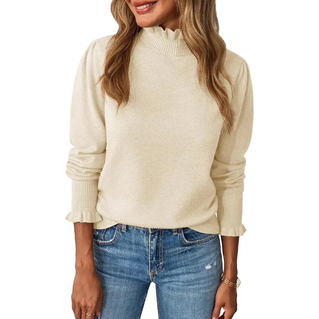 Saodimallsu Women's Ruffle High Neck Knitwear, Casual Loose Puff Longsleeve Pullover Sweater in Soft Fabric, Longsleeves,clothes for back to school,first day of school outfits