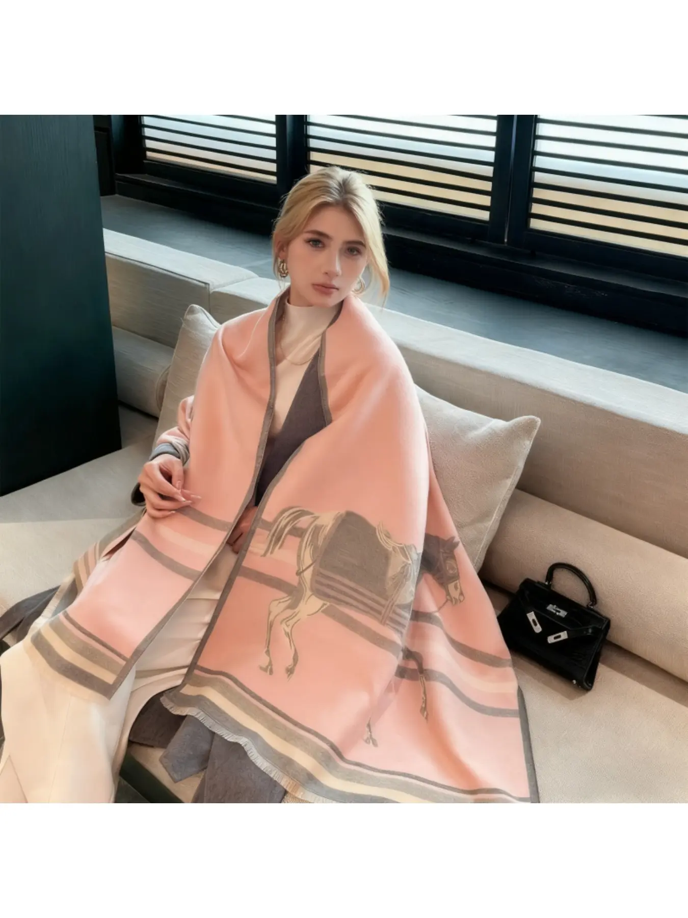 European and American Retro Horse Scarf Boho Style Trendy Solid Shawl Two-in-One Women's Autumn and Winter New Arrival Warm Thick Jacquard Outerwear Neckwarmer