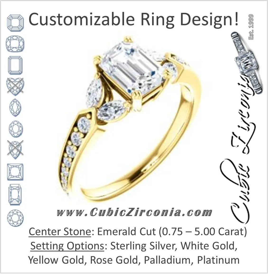 Cubic Zirconia Engagement Ring- The Rosalyn (Customizable Emerald Cut with Marquise Accent Butterflies and Round Channel)