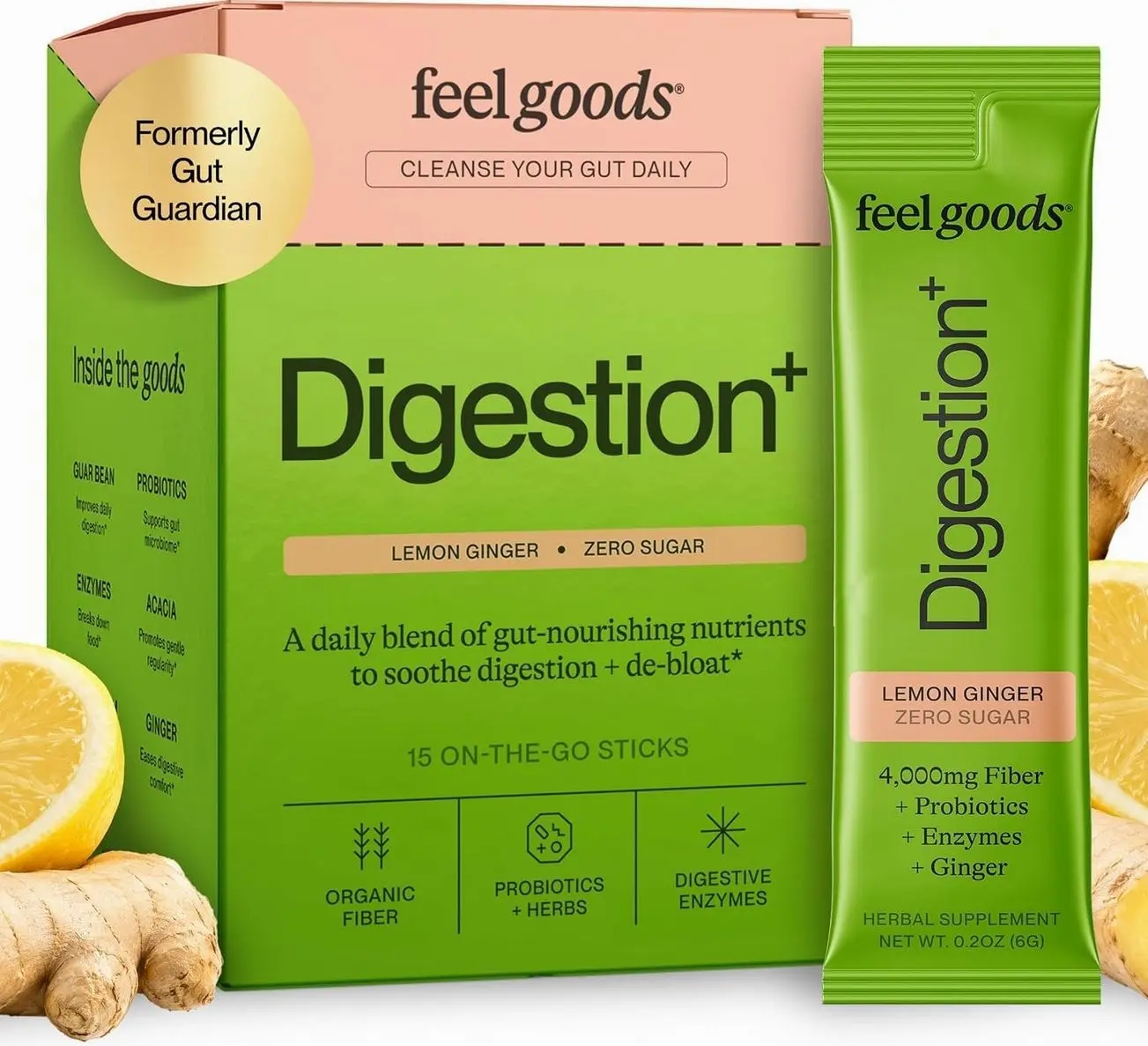 Feel Goods Gut Guardian, Digestive Health Powder Drink Mix - Probiotic Fiber Powder with Prebiotics & L Glutamine for Gut Health, Bloating Relief & Digestion Support - Zero Sugar & Organic Flavor