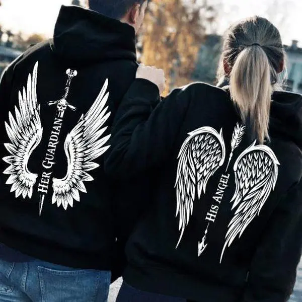 Her Guardian His Angle Couple Matching Hoodie, Couple Outfits Matching, Her Guardian His Angle Shirt, Gift For Wife, Funny Couple Sweatshirt, Honeymoon shirt, Gift For Couple Cotton Womenswear