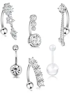 6 Pcs Silvery Dazzling Surgical Steel Reverse Belly Button Piercing Rings for Women Men Curved Barbell with Shiny CZ Cute Body Piercing Copper Jewelry Set for Summer Vacation Beach Travel