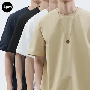 Men's solid color T-shirt four piece set, casual simple loose fit short sleeved shirt, pure cotton T-shirt, suitable for all seasons, daily outdoor sports and comfortable top, perfect gift