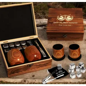 Oak Sip Wooden Cup Wood Bourbon Glasses Set - Handcrafted Charred Tumblers With 8 Whiskey Stones & Steel Ice Tongs, Christmas Gift For Bourbon Enthusiasts & Whiskey Lovers