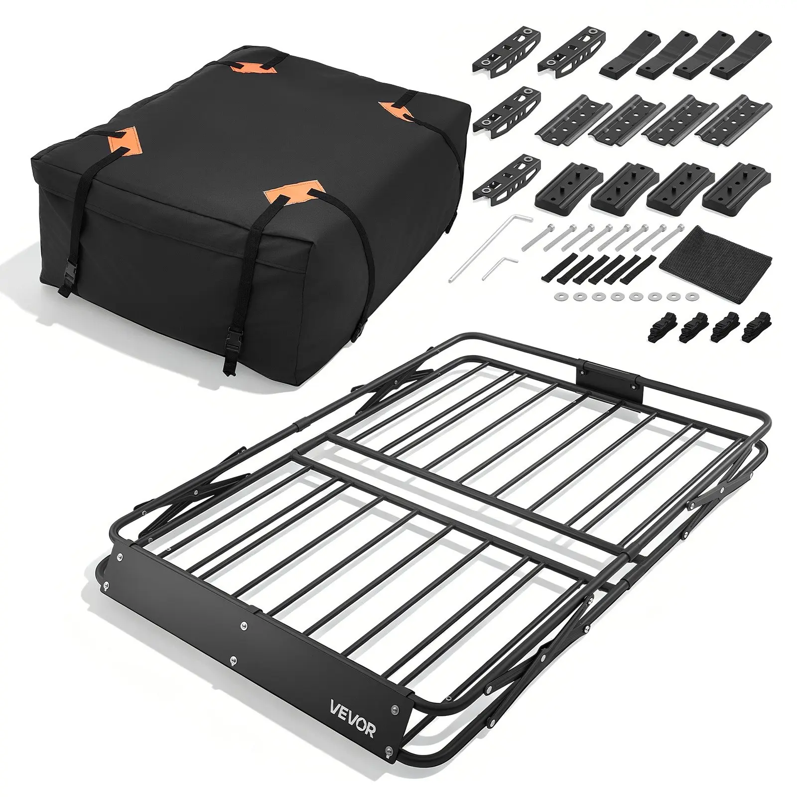 VEVOR Metal Roof Rack Cargo Basket, 51x36x4 in, 200 lbs Capacity, Folding All-Weather Coating Design, Easy-Install Carrier to Maximize Cargo Space for Camping, Universal Fit for SUV, Truck, Car, Water Resistant, 51 X 36 X 4 In