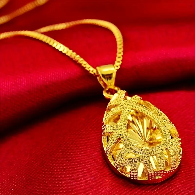 24k Gold Plated Rose & Water Drop Jewelry Set - Hollow Ripple Necklace & Earrings, Bridal Wedding Party Wedding Collarbone Chain, February Birthstone Gift for Women (Valentine's Day, Mother's Day) - Year-Round Luxury