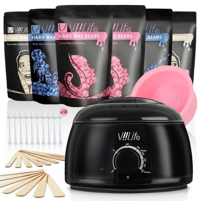 Viilife Oakeer All-in-1 Hard Wax Kit Bags, Skin-Friendly At-Home Hair Removal Set with Easy-Clean Silicone Bowl, 6 Bean-Based Sensitive Skin Beads, Prep & Aftercare Sprays, 62 Accessories for Bikini Area Waxing
