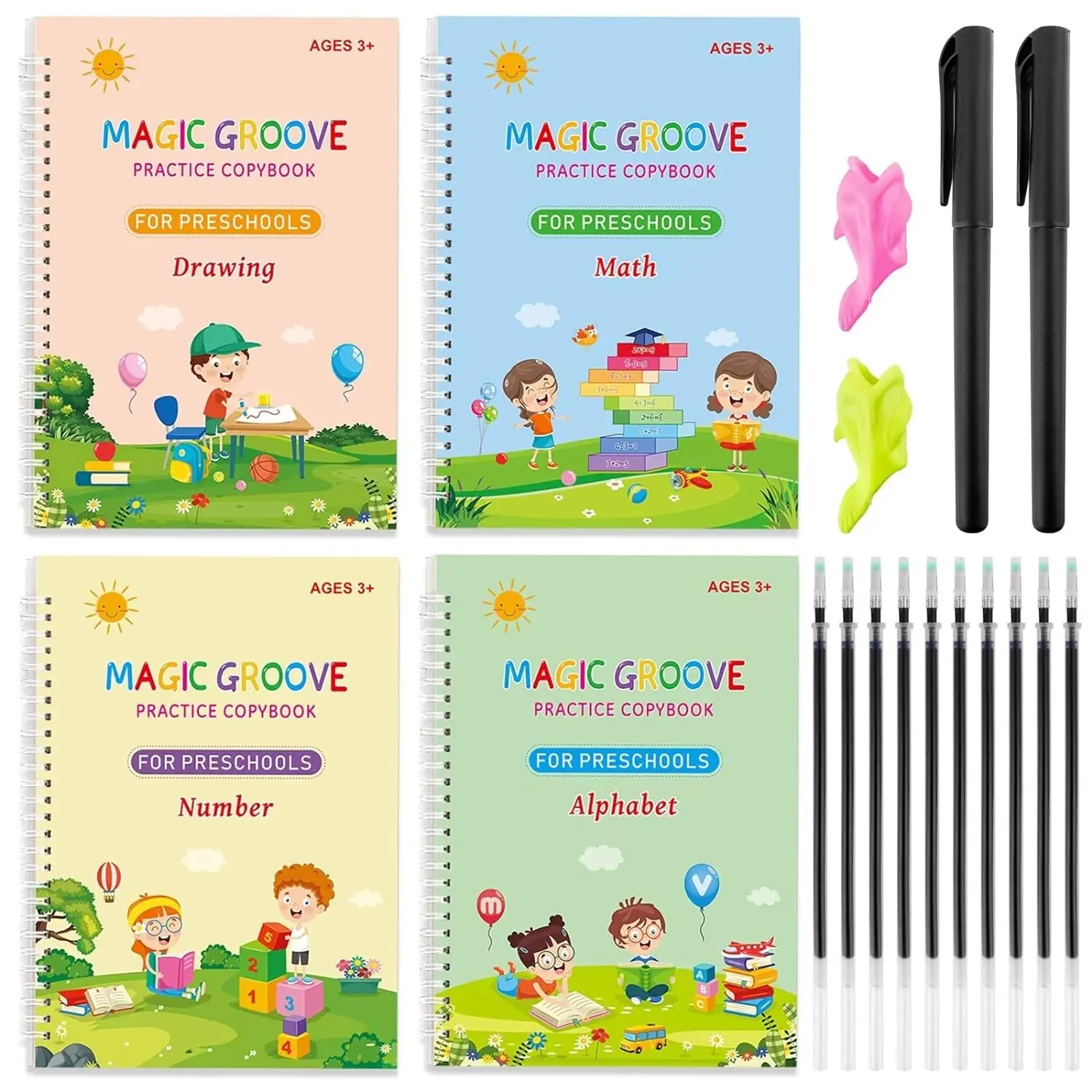 Large Magic Ink Practice Copybook for Ages 3+ -  Handwriting Workbooks with Pen Refill, Tracing Letter Writing, 4 Books & 2 Pens