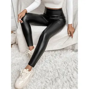 Women's Casual Black Leggings Iridescent Tight Faux Leather Leggings With Double Insert Pockets Fabric Womenswear
