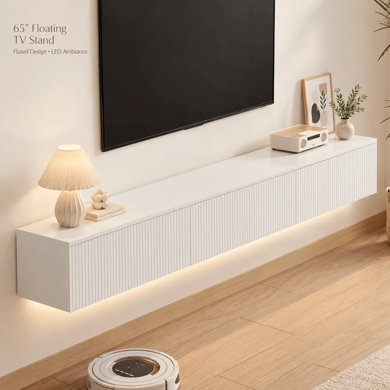 Floating TV Stand with 16-Color LED Lights, Wall Mounted Modern TV Cabinet, Large Storage Entertainment Center for 55-65 Inch TVs, White