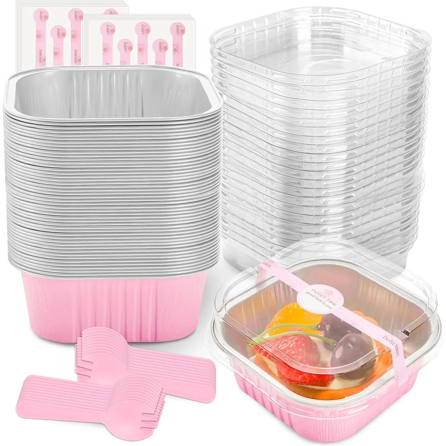 25Pcs Pink Square Durable Aluminum Foil Baking Cups with Lids - Disposable Bakeware for Bakers, Easy Cleanup, Individual Cupcake Containers for Oven, Backyard BBQ, All Seasons (Great Baking Gifts)