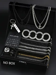 Men's Stainless Steel Jewelry Set, Casual Styling Cross Necklace & Bracelet Pair, Perfect Gift for Birthdays & Dates, All-Season Accessories