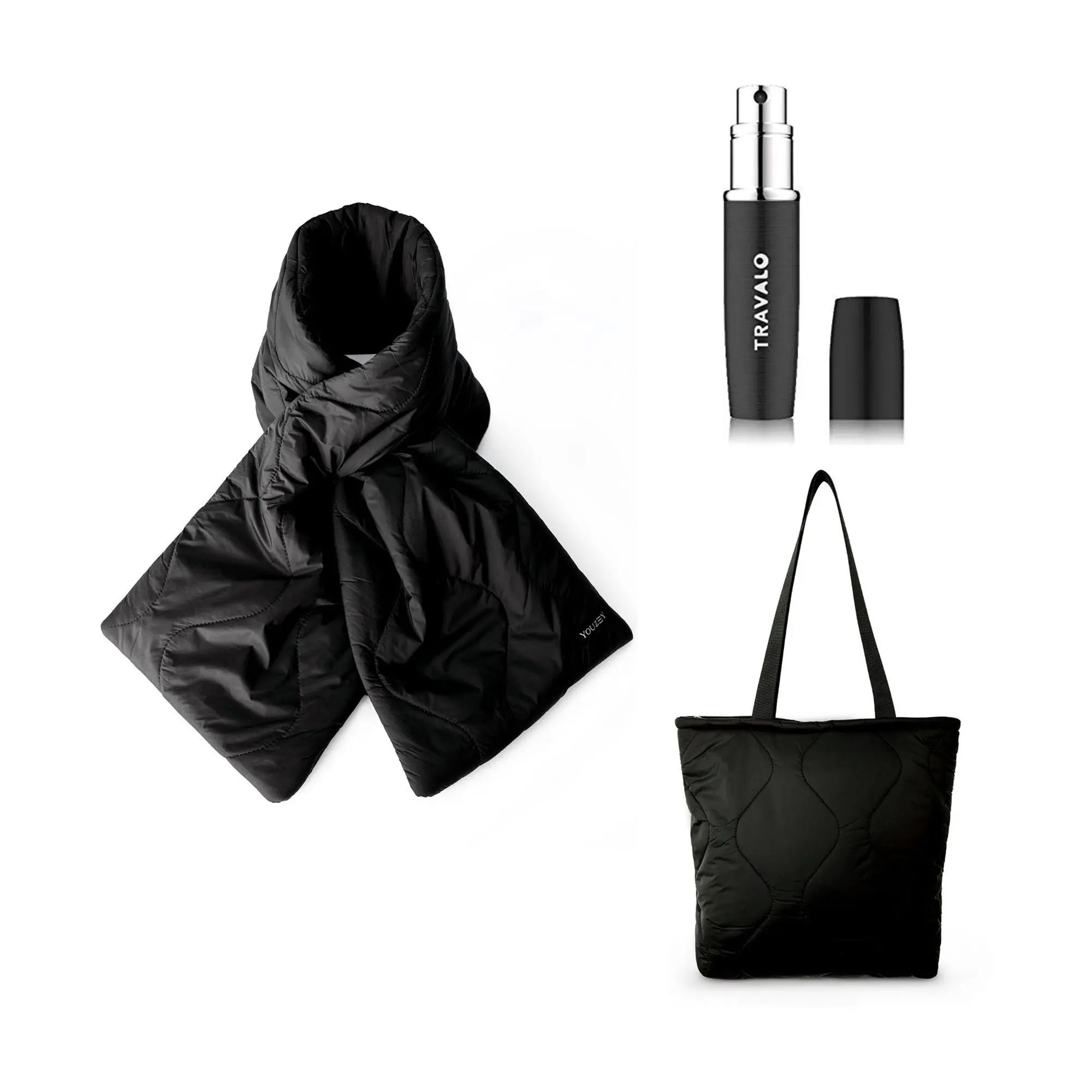 Youzey Jetsetter Travel Puffy Scarf, Tote Bag& Travalo Set