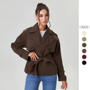 Women's Commuter Notch Lapel Double Breasted Detachable Belt Trench Coat, Fall & Winter Plain Wrap Tie Waist Outerwear Jacket, Elegant Trench Coat