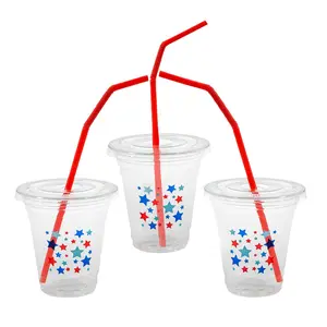 Clear Patriotic Disposable Plastic Cups with Lids & Straws, 12 oz., Bulk 50 Counts