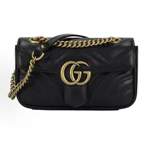 Pre-owned GUCCI GG Marmont Medium 22cm Black Matelasse Chevron Leather Shoulder Quilted Purse