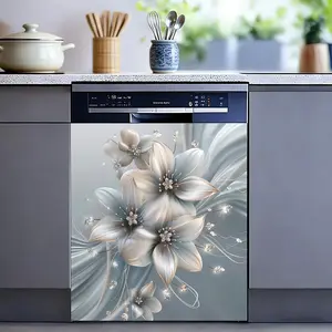 Floral Dishwasher Cover, Metallic Feel Refrigerator Door Panel, Cute Cat Refrigerator Home Appliance, Easy to Trimm, Sizes 23*25.5inches (Flowers-3)