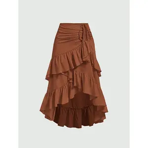 Elegant Brown Asymmetrical Ruffle Hem Skirt for Women - Multi-Layer Design, Polyester, Machine Washable, Perfect for Spring & Fall, Cute Skirts