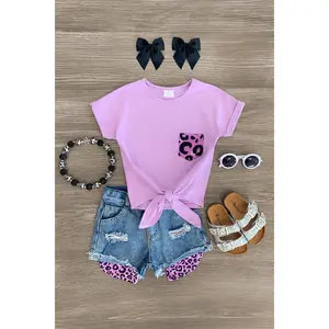 Purple Leopard Distressed Denim Short Set