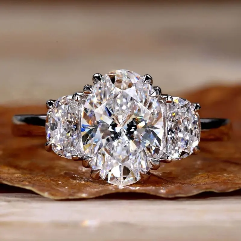 Rich Girl Sparkle 3-Stone Oval Cut Ring 6.5 Carat Look Non-Tarnish Elegant Jewelry