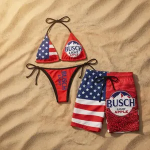 Busch Light Apple Matching Swimsuit Set, Busch Light USA Bikini& Short Matching Couple, Patriotic Couple Bikini, USA Flag Swim Trunks, Summer Beachwear Outfit