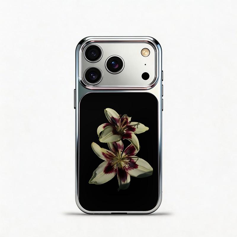 Glass Shockproof Electroplated Silver/Black Black Lily of the Valley iPhone 17ProMax Cover Precise Hole Alignment For Lens Frame 15ProMax Anti-yellow | 14ProMax Anti-fall | 13ProMax Ultra-thin Design 16ProMax AirPhoneCase
