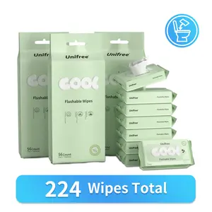 Unifree Flushable Wipes Travel Pack, Portable 7 Wipes/Pack, 8 Packs per Bag, 4 Bags Total (224 Wipes), Extra-Large 7.9” x 7.1”, Lightly Scented, Plant-Based Biodegradable, Alcohol-Free, Quick-Dry, Septic & Sewer Safe