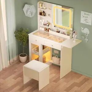 LED Lighted Makeup Vanity with Sliding Mirror, Charging Station & RGB Cabinets – White