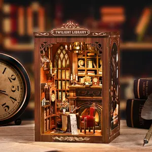 Twilight Library DIY Book Nook Kit with LED Light, Miniature Dollhouse, 3D Wooden Puzzle, Bookshelf Insert Decor Craft Gift