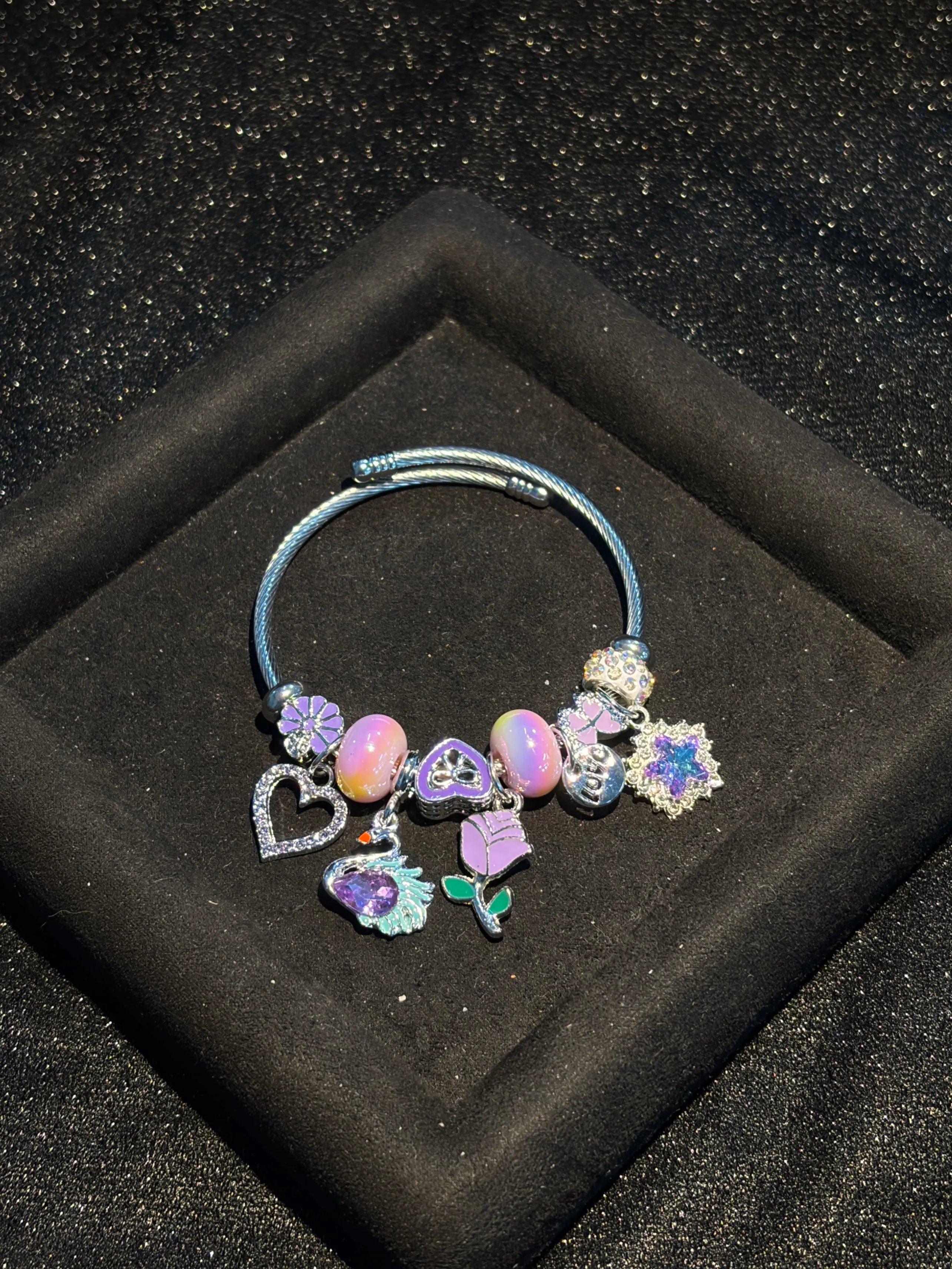 Silver Tone Color Shifting Bead Open Bangle for Women, Snake Chain Bracelet with Swan Rose Heart Star Rhinestone Charms, Stackable Sparkly Fashion Hand Jewelry, Elegant Accessory & Gift for Her
