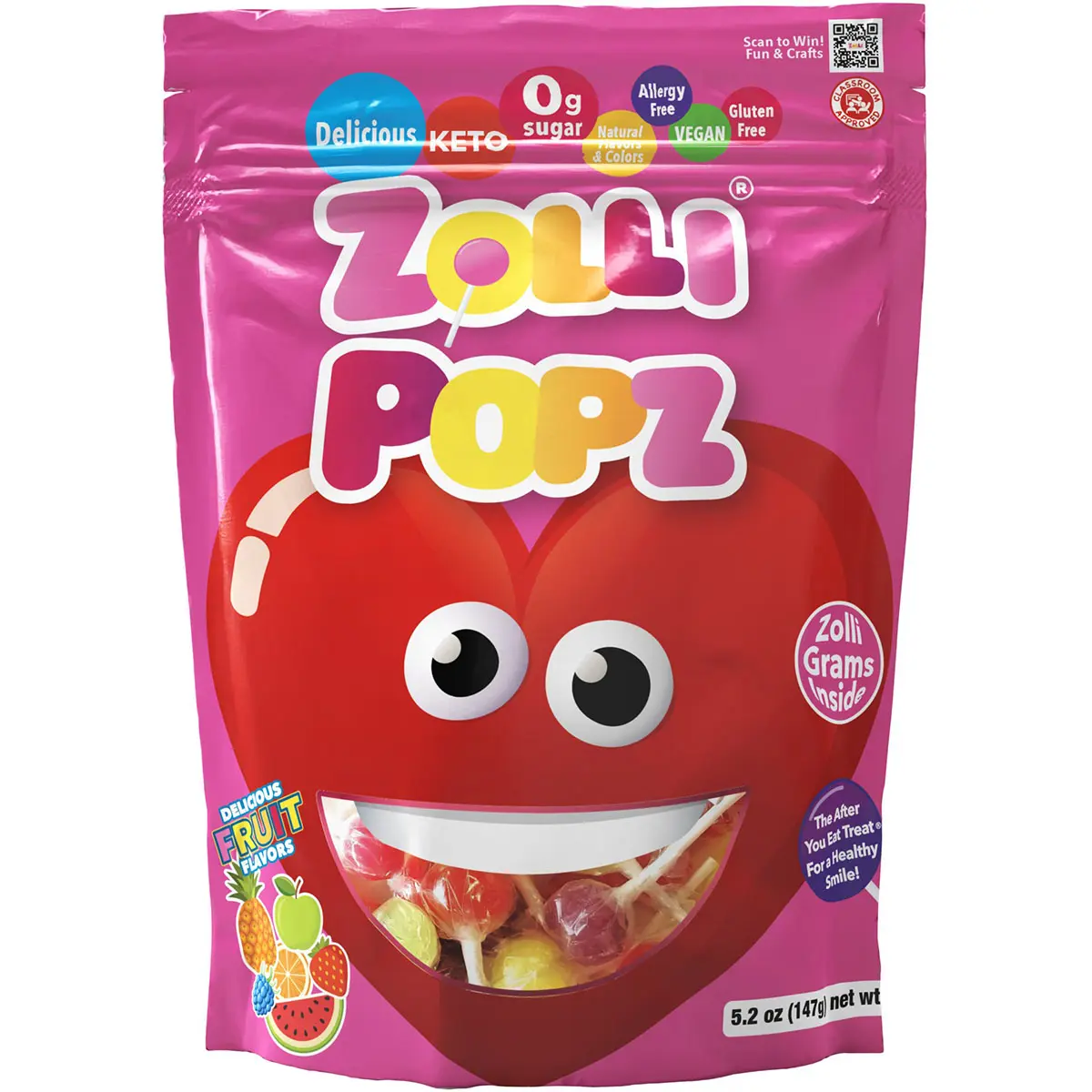 Valentine Heart Zolli Popz Assorted Fruit Sugar Free Lollipops 5.2oz Resealable Pouch with 22 Zolli Grams Inside Candy