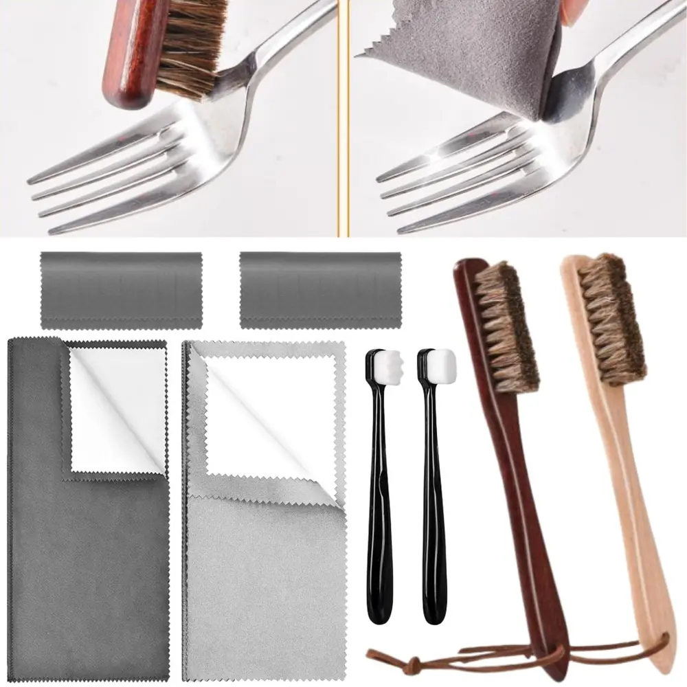 Horsehair Silver Cleaning Brush Set Ultra-Soft Brushes Polishing Cloth Silver Jewelry Cleaning Kit for Gold, Diamonds, Platinum, Gemstones, Coins