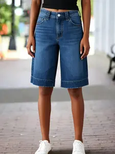 1 Spring Summer High Waist Bermuda Denim Shorts Women | Wide Leg Straight Frayed Hem | Old Money Clean Girl Style for Daily Commute Vacation Casual Wear Womenswear
