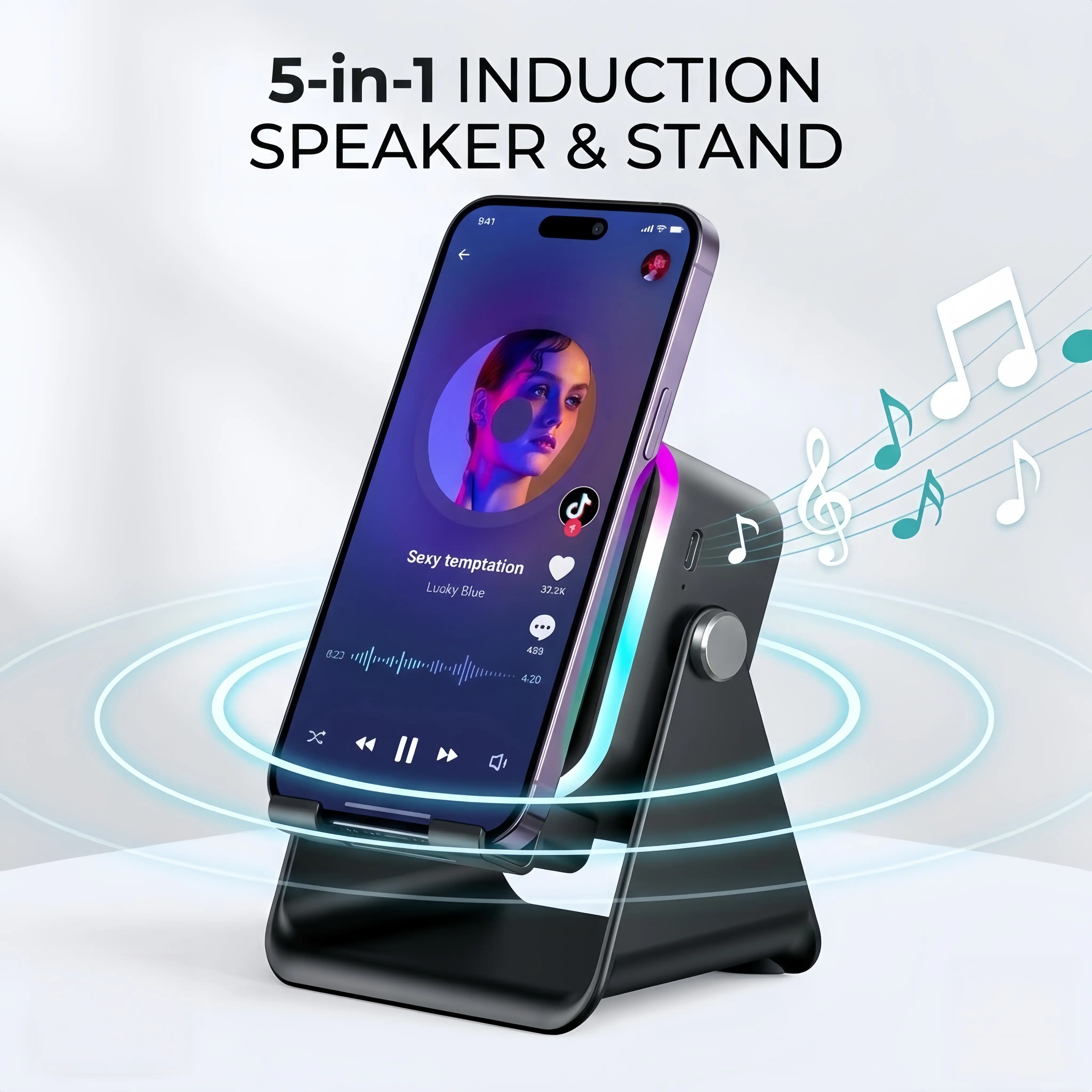 5-in-1 Induction Speaker & Phone Stand with 3500mAh Power Bank, RGB Light