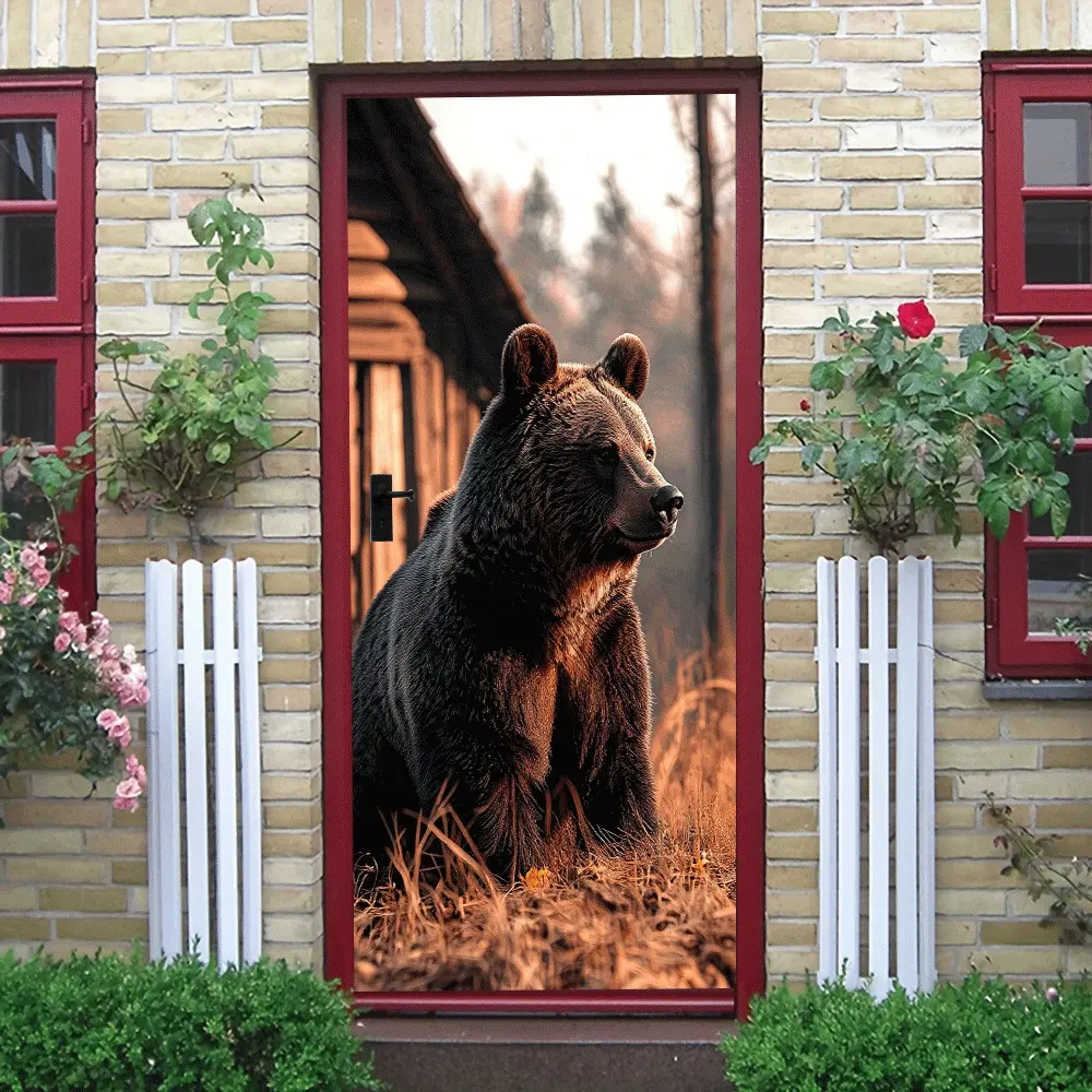 2pcs Vintage Log Cabin Brown Bear Wall Sticker Nordic Forest Animal Decorative Sticker Living Room Entrance Bedroom Kids Room Background Wall Decal Removable Self Adhesive Eco Friendly PVC Material Hom