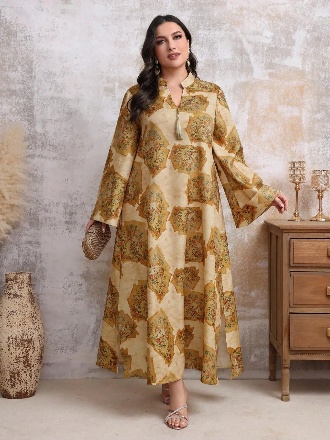 【Plus Size】 Random Floral Print Long Sleeve Arabian Robe, Modest Elegant Open Front Long Dress for Women, Women's Islamic Clothing for Daily Wear