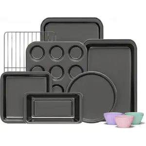 Compact 19-Piece Nonstick Baking Pans Sets with Round/Square Cake Pan, Loaf Pan, Muffin Pan, Cookie Sheet, Roast Pan, Cooling Rack, Carbon Steel Bakeware Set