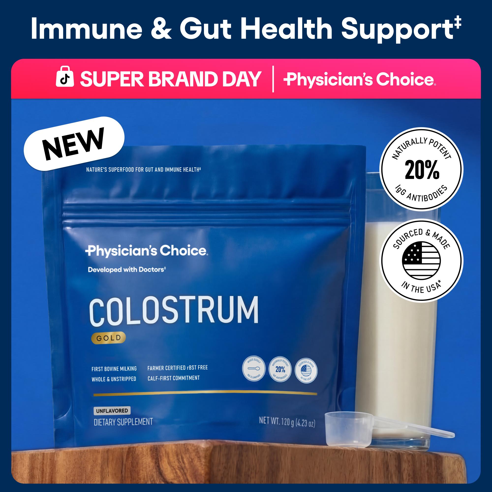 Physician's Choice Colostrum Gold Powder for Gut & Immune Support - First-Day Milking for Peak Bioactives & Potency - Whole & Unstripped - 60 Servings