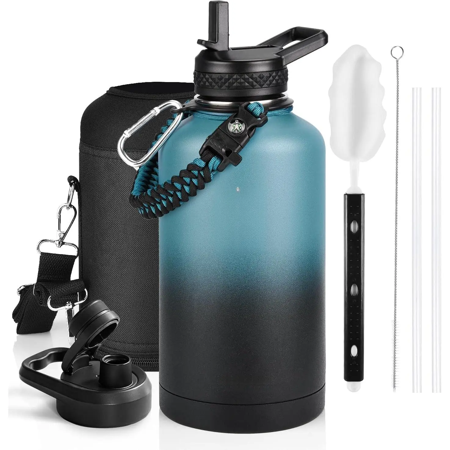 Insulated Water Bottle 64 oz, Triple Wall Vacuum Stainless Steel (Cold for 48 Hrs), Leak Proof & Non-BPA, Half Gallon Water Flask Jug with Paracord Handle & Straw Spout Lids