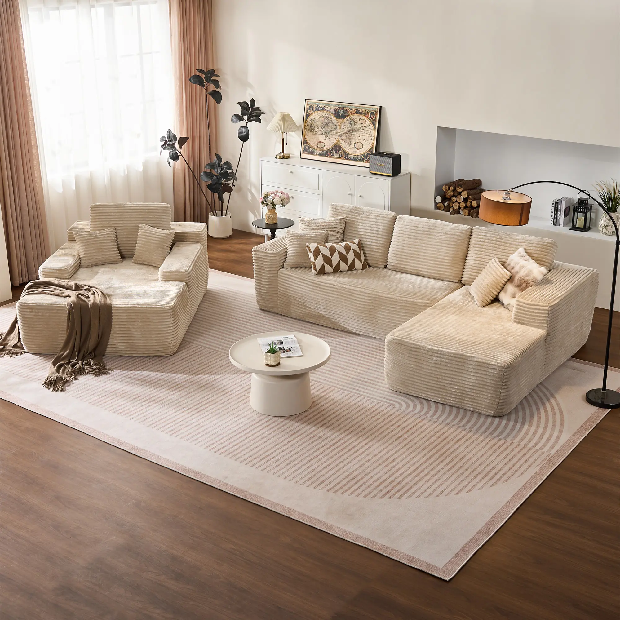 Beige Plush Corduroy Right Chaise+Sofa Bed