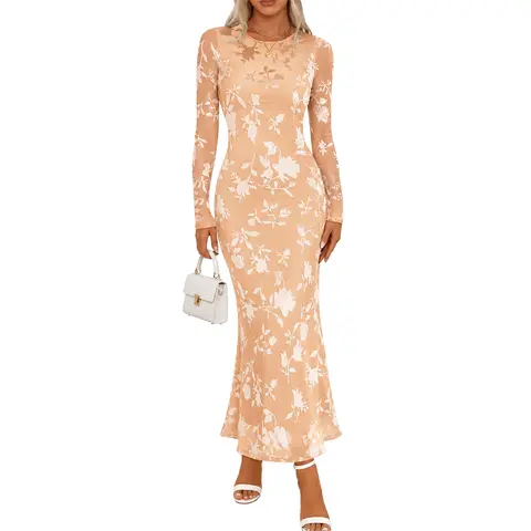 MEROKEETY Lady's Classy Round Neck Long-Sleeve Floral Mesh Formal Wear Gown, Stretchy Liner Long Bodycon Dress for Fall Winter Evening Wedding Guest Cocktail Events